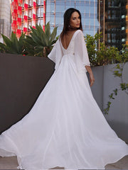 A-Line/Princess Chiffon Sash/Ribbon/Belt V-neck 3/4 Sleeves Sweep/Brush Train Wedding Dresses