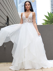 Wholesale A-Line/Princess Lace Ruffles V-neck Sleeveless Sweep/Brush Train Wedding Dresses