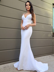 Wholesale Sheath/Column Stretch Crepe Lace V-neck Sleeveless Sweep/Brush Train Wedding Dresses