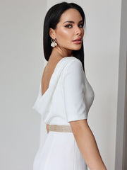 Stretch Crepe Ruched Scoop 1/2 Sleeves Sweep/Brush Train Wedding Dresses