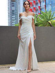 Wholesale Sheath/Column Stretch Crepe Ruched Off-the-Shoulder Sleeveless Sweep/Brush Train Wedding Dresses