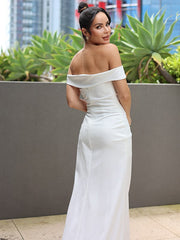 Wholesale Sheath/Column Stretch Crepe Ruched Off-the-Shoulder Sleeveless Sweep/Brush Train Wedding Dresses