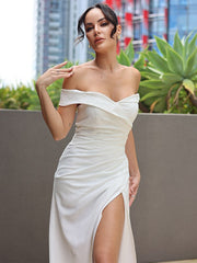 Stretch Crepe Ruched Off-the-Shoulder Sleeveless Sweep/Brush Train Wedding Dresses