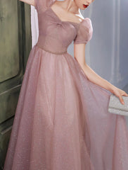 A-Line Beautiful Back Elegant Prom Formal Evening Birthday Dress Sweetheart Neckline Short Sleeve Floor Length Lace with Beading 2024 / Puff Balloon Sleeve