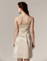 A-Line One Shoulder Knee Length Satin Bridesmaid Dress with Side Draping