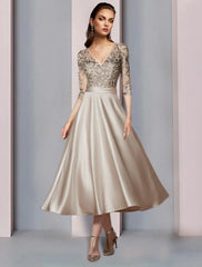 A-Line Mother of the Bride Dress Wedding Guest Elegant V Neck Tea Length Satin Lace Half Sleeve with Pleats Appliques