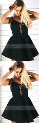 A-Line Spaghetti Straps Short Black Satin Homecoming Dress