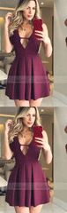 A-Line V-Neck Short Grape Pleated Satin Homecoming Dresses
