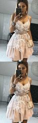 A-Line Spaghetti Straps Short Blush Homecoming Dress with Appliques