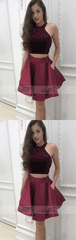 Short Homecoming Dresses Halter Neck Cap Sleeves Pleats A-line Satin Graduation Sexy Cocktail Party Gowns