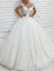 Wholesale Formal Wedding Dresses Ball Gown V Neck Cap Sleeve Chapel Train Lace Bridal Gowns With Appliques