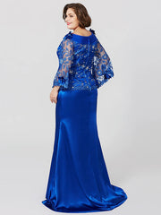 Mermaid / Trumpet Mother of the Bride Dress Formal Plus Size Elegant Bateau Neck Sweep / Brush Train Lace Over Charmeuse Long Sleeve No with Pleats