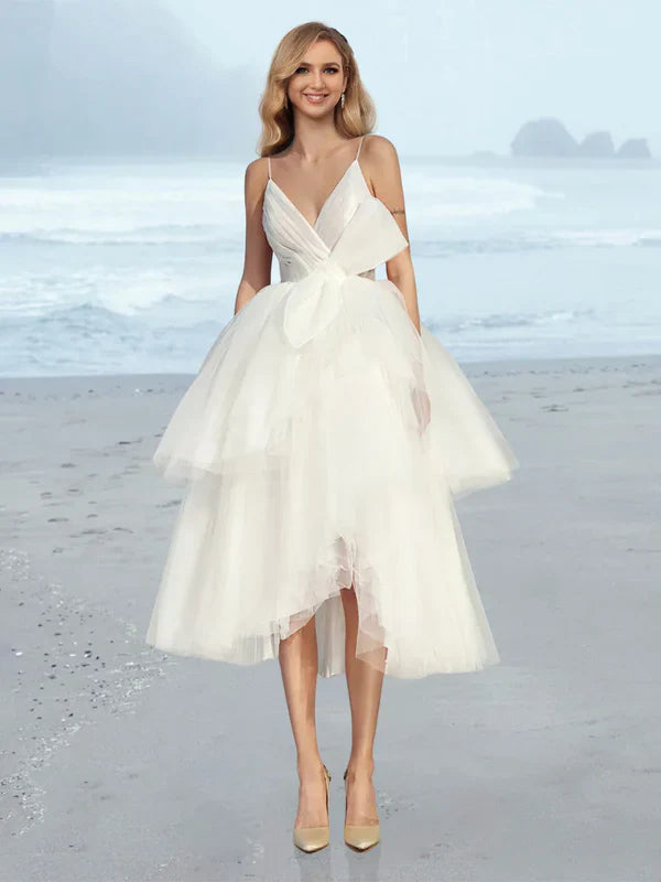 A-line/Princess V-neck Tea Long Wedding Dress Beautiful