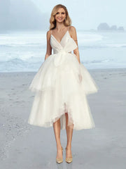 A-line/Princess V-neck Tea Long Wedding Dress Beautiful