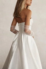 A line sweet satin pleated simple sleeved wedding dress Off Shoulder With Slit