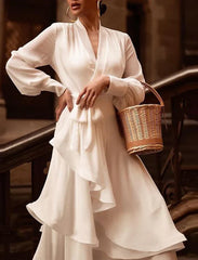 Reception Little White Dresses Wedding Dresses A-Line V Neck Long Sleeve Asymmetrical Chiffon Bridal Gowns With Cascading Ruffles