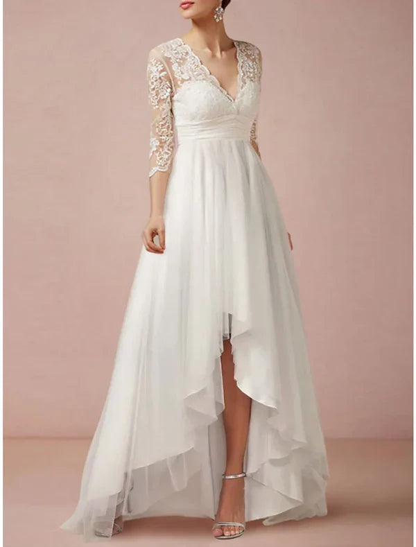 A-line/Princess V-neck Asymmetric Lace Wedding Dress Beautiful