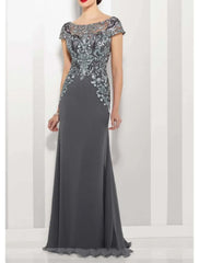 A-Line Mother of the Bride Dress Elegant Jewel Neck Floor Length Chiffon Lace Short Sleeve with Lace