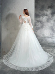 Ball Gown Sheer Neck Hand-Made Flower Long Sleeves Long Net Wedding Dresses With Flowers