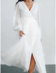 Little White Dresses Wedding Dresses A-Line V Neck Long Sleeve Ankle Length Chiffon Bridal Gowns With Pleats Split