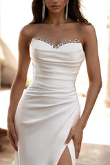 Mermaid/Trumpet Wedding Dress Illusion Neckline Bead Satin Pleated Bridal Dress With Slit