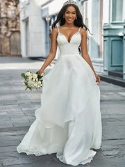 A-Line/Princess V-neck Organza Sleeveless Beading Sweep/Brush Train Wedding Dresses Sexy