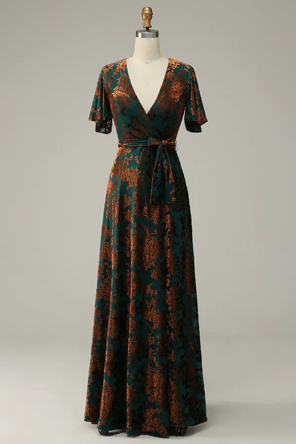 Burnout Velvet V Neck Dark Green Mother of Bride Dress Short Sleeves Elegant Evening Dress