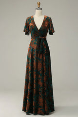 Burnout Velvet V Neck Dark Green Mother of Bride Dress Short Sleeves Elegant Evening Dress