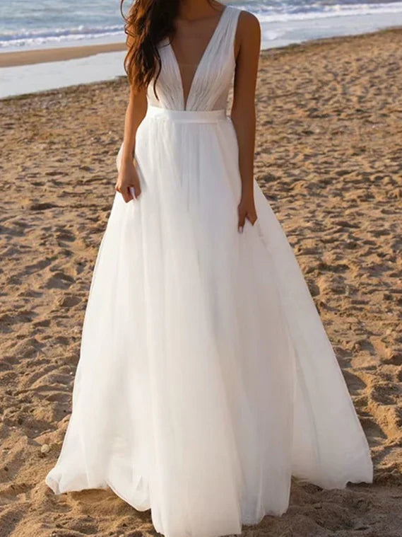 A-line/Princess Deep V-neck and Floor sheer Wedding Dress Sexy Pure Color