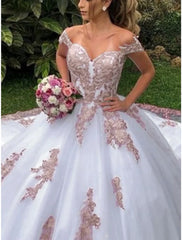 Formal Wedding Dresses Ball Gown Off Shoulder Cap Sleeve Court Train Lace Bridal Gowns With Pleats