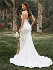Wholesale Sheath/Column Stretch Crepe Ruffles Halter Sleeveless Sweep/Brush Train Wedding Dresses