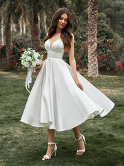 Wholesale A-Line/Princess Ruffles V-neck Sleeveless Satin Tea-Length Wedding Dresses