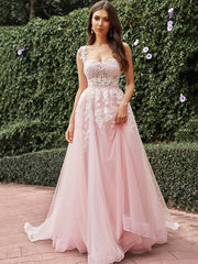 Wholesale A-Line/Princess Tulle Applique Straps Sleeveless Sweep/Brush Train Wedding Dresses