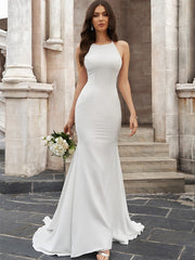 Wholesale Trumpet/Mermaid Scoop Ruched Stretch Crepe Sleeveless Sweep/Brush Train Wedding Dresses