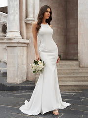 Wholesale Trumpet/Mermaid Scoop Ruched Stretch Crepe Sleeveless Sweep/Brush Train Wedding Dresses