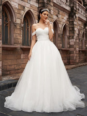 Wholesale A-Line/Princess Off-the-Shoulder Tulle Sleeveless Ruched Court Train Wedding Dresses
