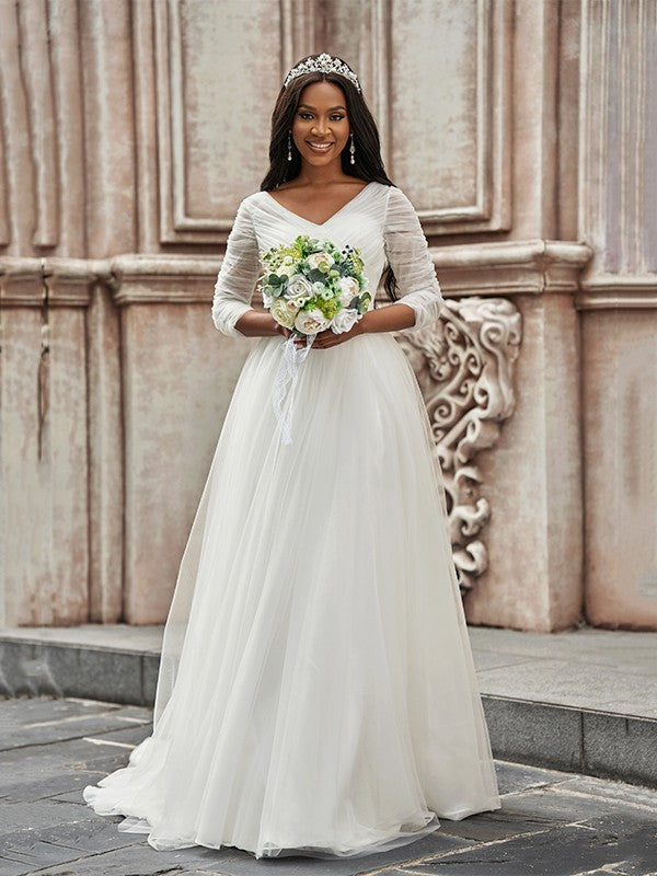 Aimishang A-Line/Princess Ruched Sweetheart Tulle 3/4 Sleeves Sweep/Brush Train Wedding Dresses