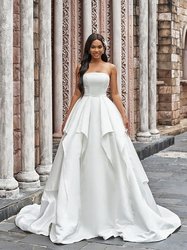 Wholesale Ball Gown Satin Ruffles Strapless Sleeveless Court Train Wedding Dresses
