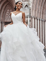 A-Line/Princess Tulle Ruffles Spaghetti Straps Sleeveless Sweep/Brush Train Wedding Dresses
