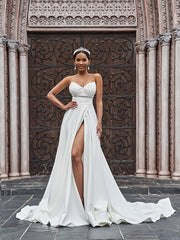 Wholesale A-Line/Princess Stretch Crepe Ruffles Sleeveless Sweetheart Court Train Wedding Dresses