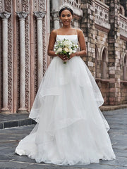 Wholesale A-Line/Princess Tulle Spaghetti Straps Sleeveless Ruffles Sweep/Brush Train Wedding Dresses