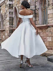 Wholesale A-Line/Princess Satin Ruffles Off-the-Shoulder Sleeveless Ankle-Length Wedding Dresses