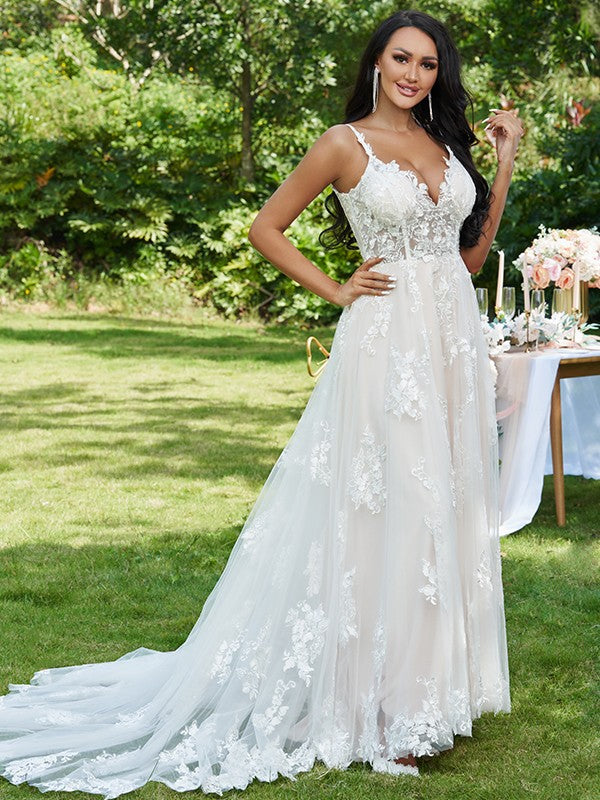 Aimishang  A-Line/Princess Lace Applique V-neck Sleeveless Sweep/Brush Train Wedding Dresses