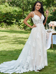 Aimishang  A-Line/Princess Lace Applique V-neck Sleeveless Sweep/Brush Train Wedding Dresses