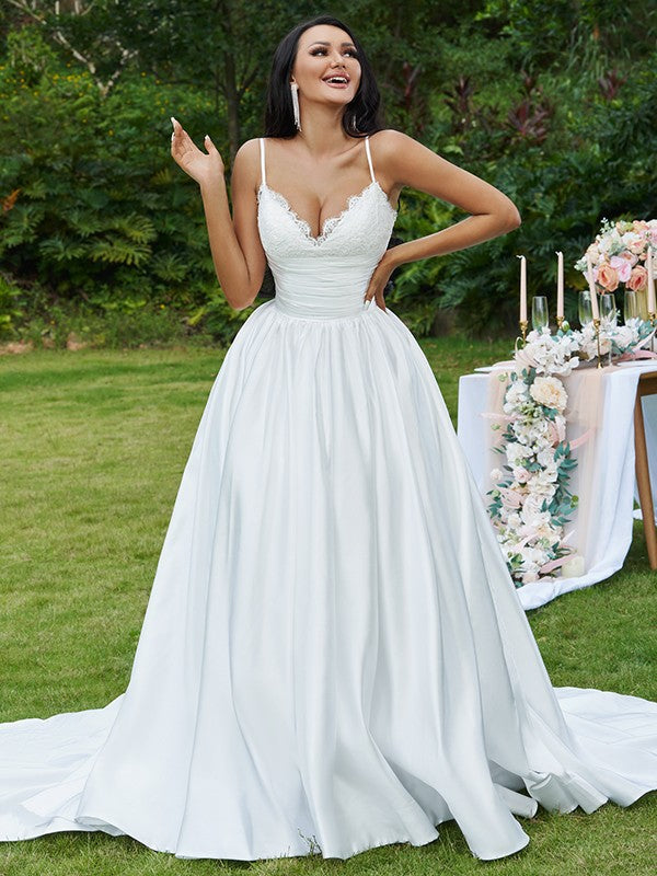 Wholesale Ball Gown Lace Ruffles V-neck Sleeveless Sweep/Brush Train Wedding Dresses