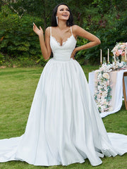 Wholesale Ball Gown Lace Ruffles V-neck Sleeveless Sweep/Brush Train Wedding Dresses