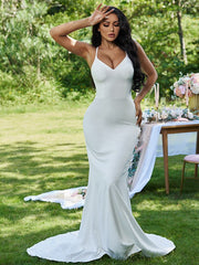 Wholesale Sheath/Column Stretch Crepe Ruffles V-neck Sleeveless Sweep/Brush Train Wedding Dresses