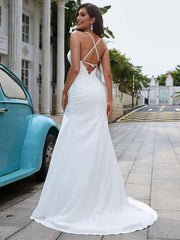 Wholesale Sheath/Column Chiffon Ruched V-neck Sleeveless Sweep/Brush Train Wedding Dresses