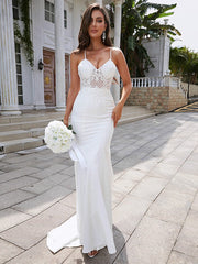 Lace V-neck Sleeveless Sweep/Brush Train Wedding Dresses