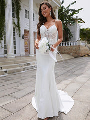 Lace V-neck Sleeveless Sweep/Brush Train Wedding Dresses